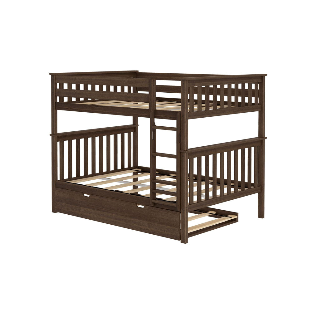 Max and Lily Full Over Full Bunk Bed with Trundle in Walnut - angled view of the bare frame showing wooden slat rolls on both bunks and the trundle partially pulled out.