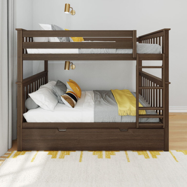 Max And Lily Full Over Full Bunk Bed With Trundle Walnut Front View Max and Lily Full Over Full Bunk Bed with Trundle in Walnut - front view showing full-length guardrails on the top bunk, the side ladder, and the trundle drawer closed underneath.