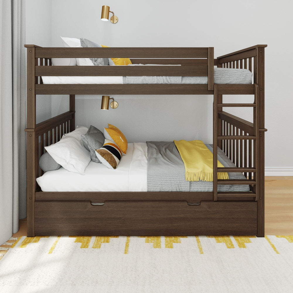 Max and Lily Full Over Full Bunk Bed with Trundle in Walnut - front view showing full-length guardrails on the top bunk, the side ladder, and the trundle drawer closed underneath.