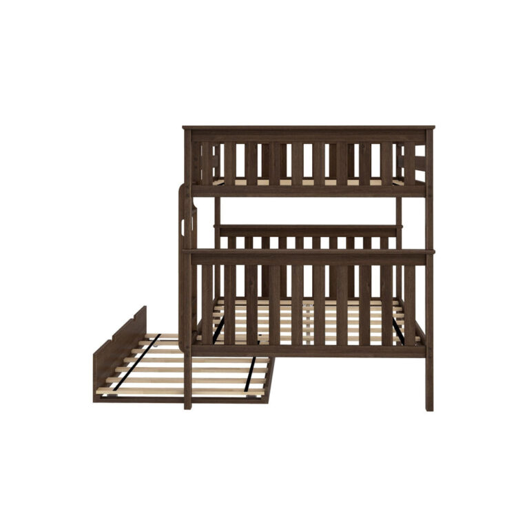 Max And Lily Full Over Full Bunk Bed With Trundle Walnut Side View Max and Lily Full Over Full Bunk Bed with Trundle in Walnut - side view of the frame with the slatted trundle bed fully extended from under the lower bunk.