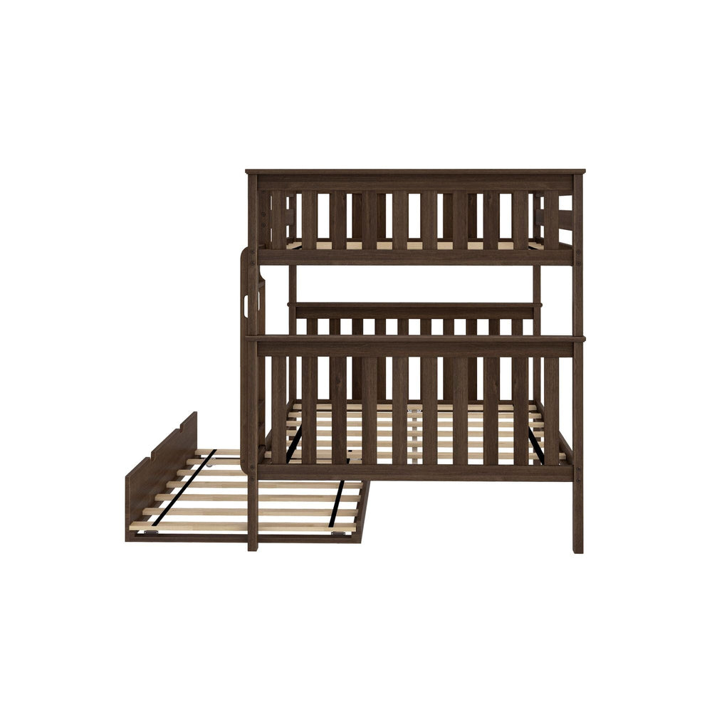 Max and Lily Full Over Full Bunk Bed with Trundle in Walnut - side view of the frame with the slatted trundle bed fully extended from under the lower bunk.