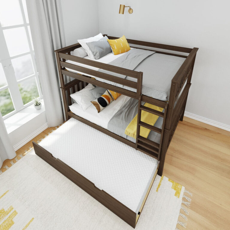 Max And Lily Full Over Full Bunk Bed With Trundle Walnut Top Angle View Max and Lily Full Over Full Bunk Bed with Trundle in Walnut - overhead angle in a bedroom showing both made bunks, the side ladder, and the trundle bed extended onto the rug.