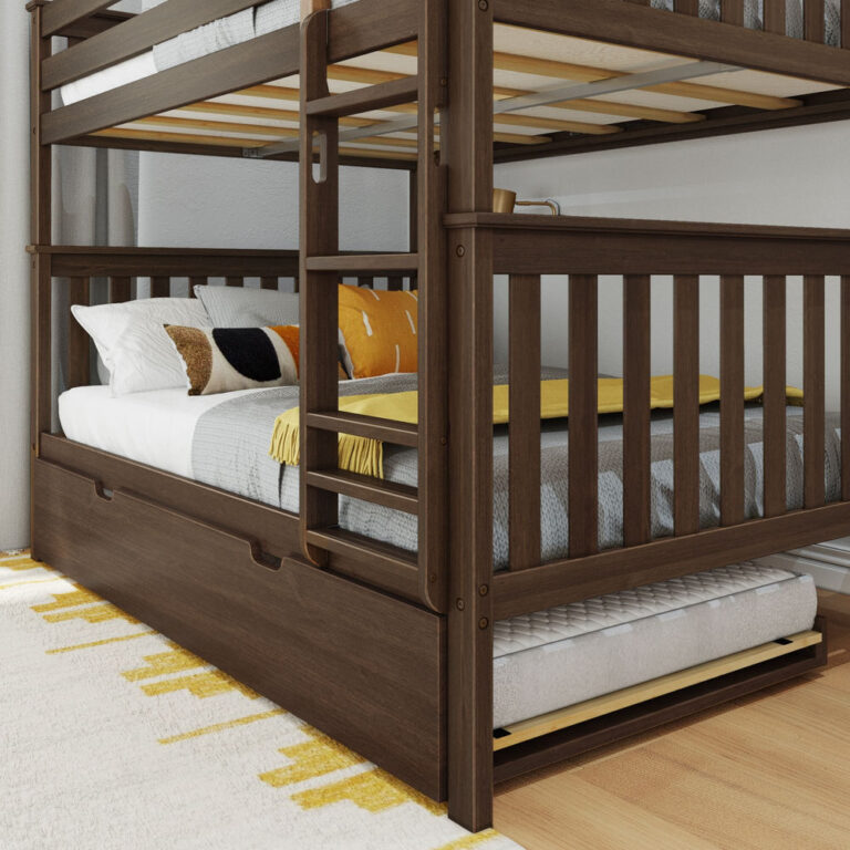 Max And Lily Full Over Full Bunk Bed With Trundle Walnut Trundle Open Max and Lily Full Over Full Bunk Bed with Trundle in Walnut - closeup of the lower bunk corner with the ladder, slatted guardrails, and the trundle mattress rolled out.