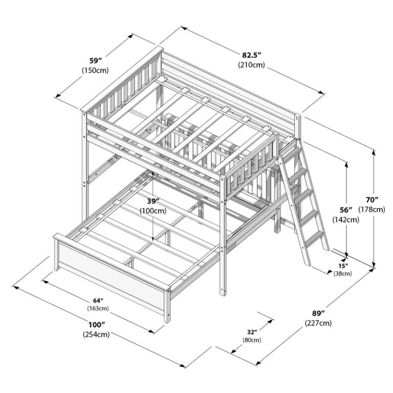 Max And Lily Full Over Queen L Shaped Bunk Bed White Dimensions Diagram 17 Max and Lily Full Over Queen L-Shaped Bunk Bed in white - line drawing showing overall dimensions in inches and centimeters, angled ladder, and safety guardrails