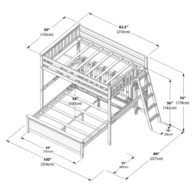Max And Lily Full Over Queen L Shaped Bunk Bed White Dimensions Diagram 17 Max and Lily Full Over Queen L-Shaped Bunk Bed in white - line drawing showing overall dimensions in inches and centimeters, angled ladder, and safety guardrails
