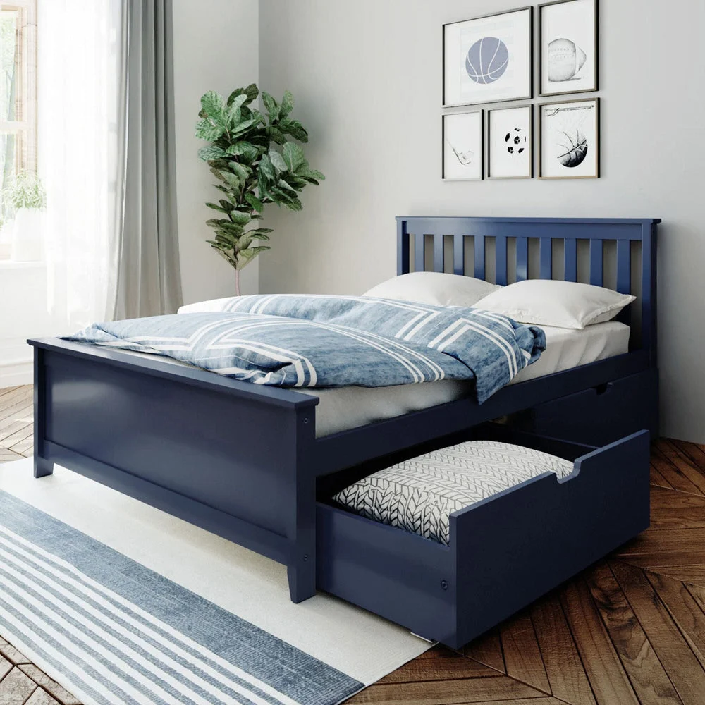 Max and Lily Full Platform Bed With Storage Drawers in Blue - styled bedroom scene with an under-bed storage drawer pulled open to show folded bedding