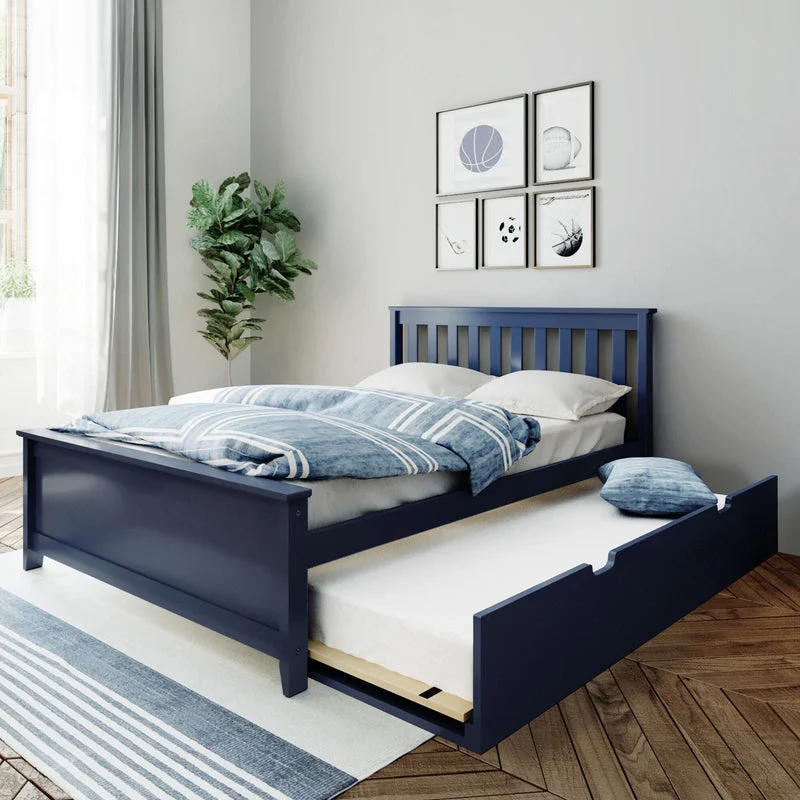 Max and Lily Full Platform Bed With Trundle in Blue - room scene with the trundle pulled out beside the slatted headboard in a bright bedroom