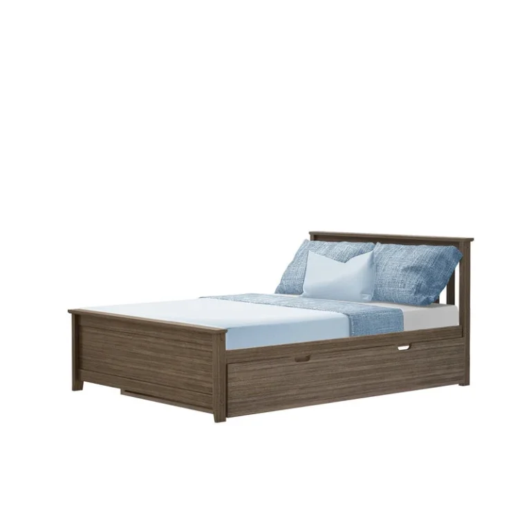 Max And Lily Full Platform Bed With Trundle Clay Angle View Max and Lily Full Platform Bed With Trundle in Clay - angled view of the made bed with slatted headboard and the trundle drawer closed beneath the frame