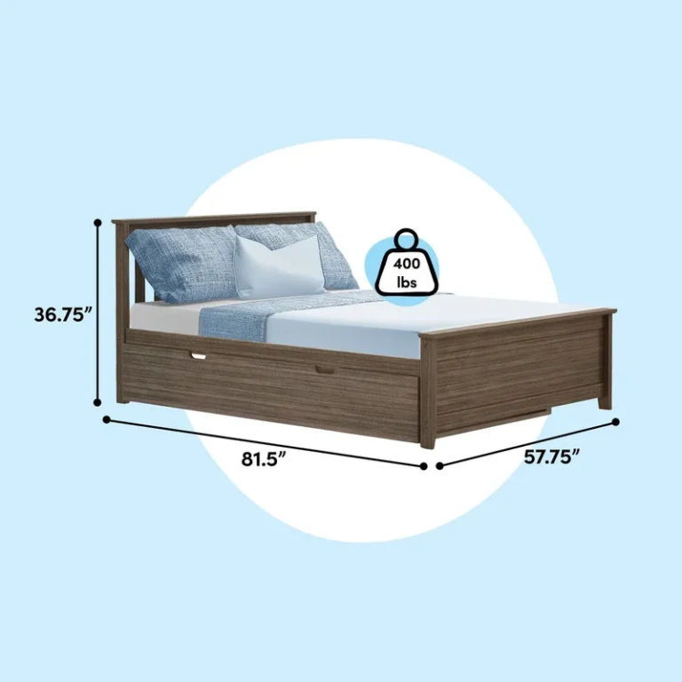Max And Lily Full Platform Bed With Trundle Clay Dimensions Diagram Max and Lily Full Platform Bed With Trundle in Clay - dimensions diagram showing 81.5 inches long, 57.75 inches wide, 36.75 inches high, and a 400 lb weight capacity