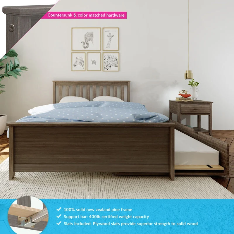 Max and Lily Full Platform Bed With Trundle in Clay - styled bedroom scene with the trundle partially pulled out beside a nightstand, with callouts for the solid New Zealand pine frame, 400 lb support bar, and included plywood slats