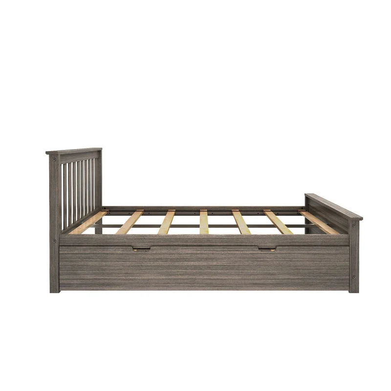 Max and Lily Full Platform Bed With Trundle in Clay - side profile without a mattress showing the wood slat platform, slatted headboard, and closed trundle underneath