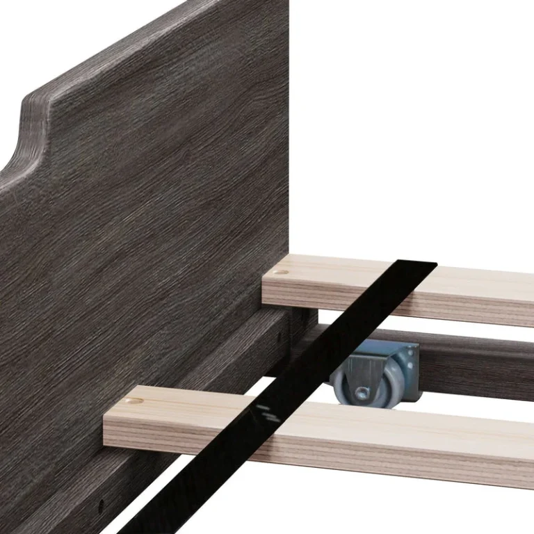 Max And Lily Full Platform Bed With Trundle Clay Trundle Caster Detail Max and Lily Full Platform Bed With Trundle in Clay - closeup of the slat system, metal support bar, and trundle caster wheel at the headboard end