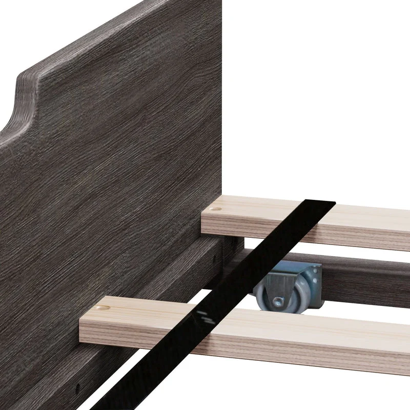 Max and Lily Full Platform Bed With Trundle in Clay - closeup of the slat system, metal support bar, and trundle caster wheel at the headboard end