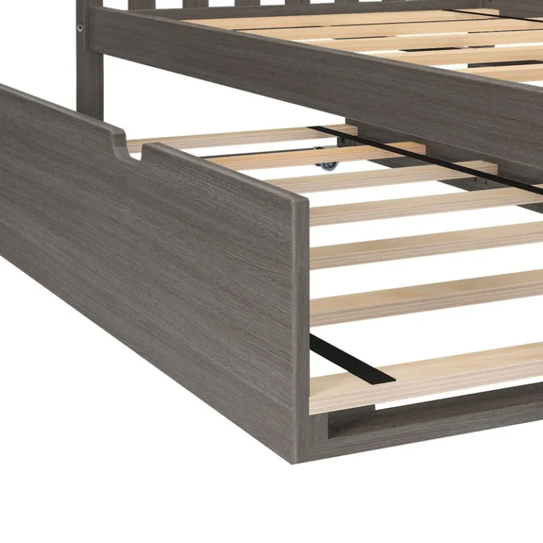 Max And Lily Full Platform Bed With Trundle Clay Trundle Open 60642 Max and Lily Full Platform Bed With Trundle in Clay - closeup of the trundle rolled out from under the bed, showing the slat platforms of both the bed and the trundle