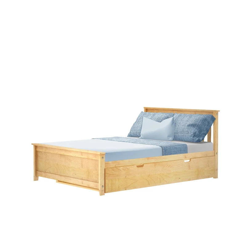Max and Lily Full Platform Bed With Trundle in Natural - angled studio view of the made-up platform bed with blue bedding and the trundle tucked underneath