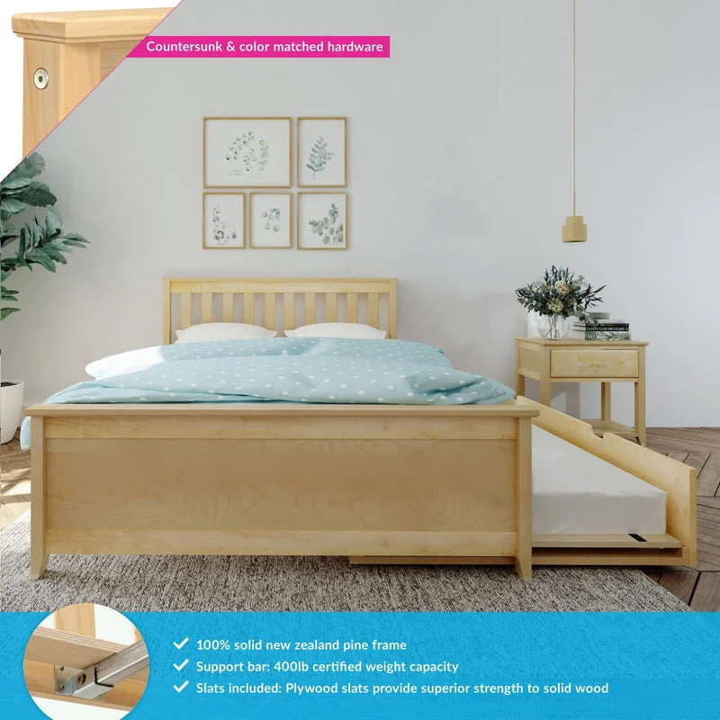 Max and Lily Full Platform Bed With Trundle in Natural - front view in a bedroom with callouts for countersunk colour-matched hardware, 100% solid New Zealand pine frame, 400 lb support bar, and included plywood slats