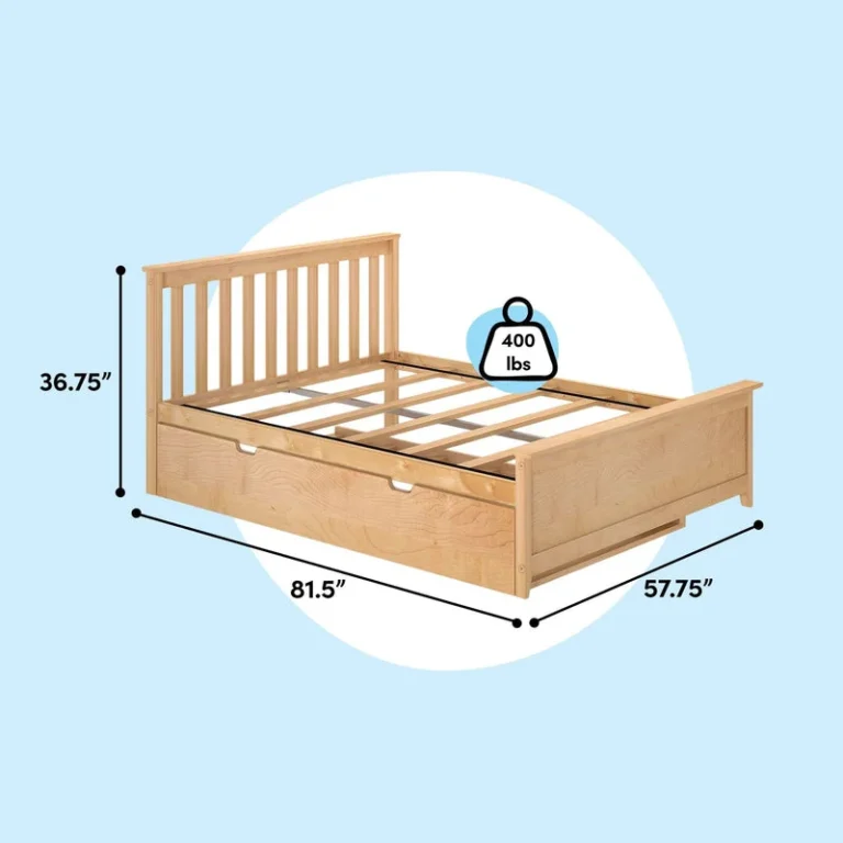 Max And Lily Full Platform Bed With Trundle Natural Dimensions Diagram Max and Lily Full Platform Bed With Trundle in Natural - dimensions diagram showing 81.5 inches long, 57.75 inches wide, 36.75 inches high, with a 400 lb weight capacity