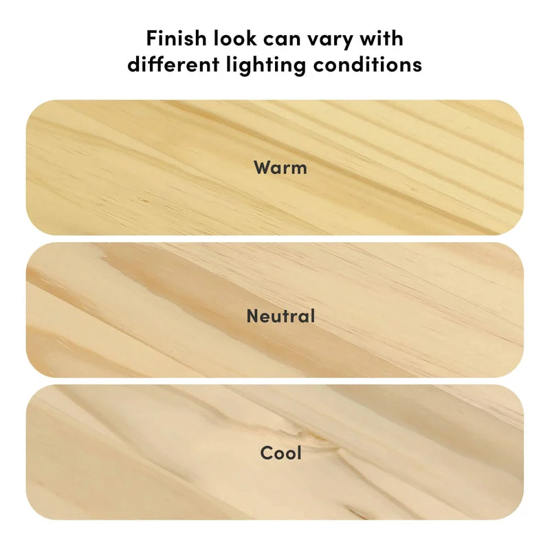 Max and Lily Full Platform Bed With Trundle in Natural - wood finish samples showing how the look varies under warm, neutral, and cool lighting