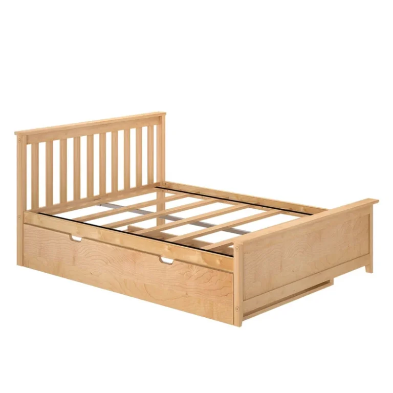 Max And Lily Full Platform Bed With Trundle Natural Frame Slats View 4 Max and Lily Full Platform Bed With Trundle in Natural - angled view of the bare bed frame showing the support slats, slatted headboard, and closed trundle underneath