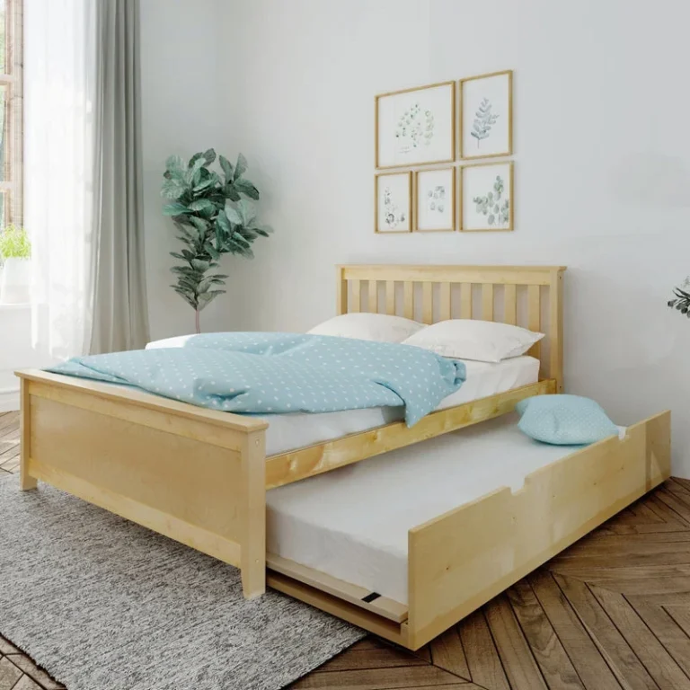 Max And Lily Full Platform Bed With Trundle Natural Trundle Open Room Scene 1 Max and Lily Full Platform Bed With Trundle in Natural - full platform bed in a bright bedroom with the trundle pulled out, styled with polka-dot bedding and a pillow on the trundle