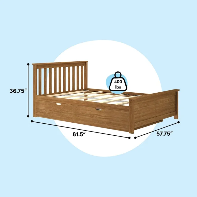 Max And Lily Full Platform Bed With Trundle Pecan Dimensions Diagram Max and Lily Full Platform Bed With Trundle in Pecan - dimensions diagram showing 81.5 by 57.75 inches, 36.75 inch headboard height and 400 lb weight capacity