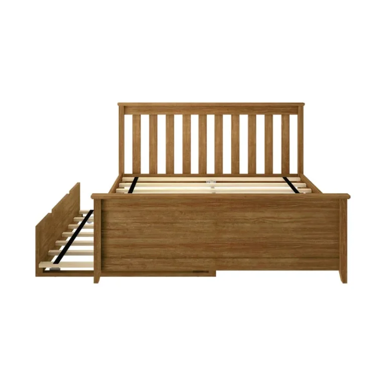 Max And Lily Full Platform Bed With Trundle Pecan Front View Max and Lily Full Platform Bed With Trundle in Pecan - front view of the slatted headboard frame with the slat-roll trundle extended to the side