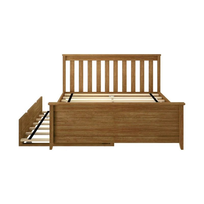 Max and Lily Full Platform Bed With Trundle in Pecan - front view of the slatted headboard frame with the slat-roll trundle extended to the side