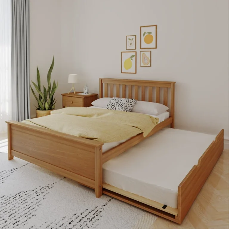 Max And Lily Full Platform Bed With Trundle Pecan Room Scene 1 60622 Max and Lily Full Platform Bed With Trundle in Pecan - styled bedroom scene with the trundle pulled out beside the slatted headboard bed