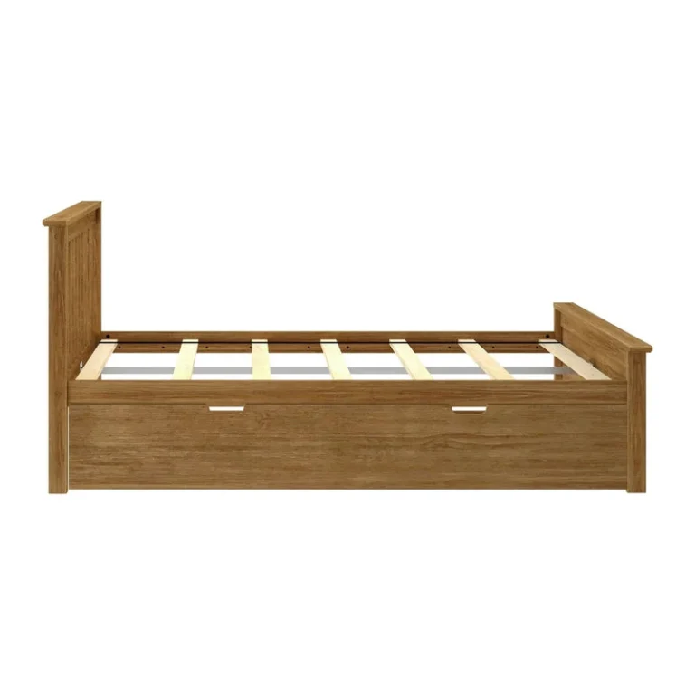 Max And Lily Full Platform Bed With Trundle Pecan Side View Max and Lily Full Platform Bed With Trundle in Pecan - side profile showing the wood slat roll on top and the trundle stored beneath the bed