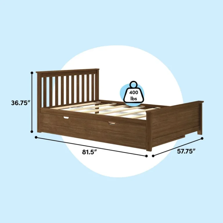 Max And Lily Full Platform Bed With Trundle Walnut Dimensions Diagram Max and Lily Full Platform Bed With Trundle in Walnut - dimensions diagram showing 81.5 by 57.75 inches, 36.75 inch headboard height and 400 lb weight capacity