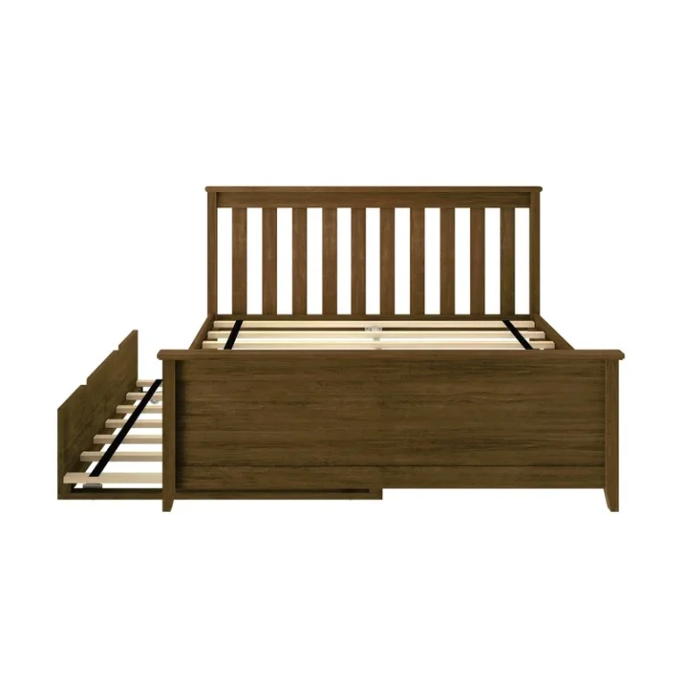Max And Lily Full Platform Bed With Trundle Walnut Front View Max and Lily Full Platform Bed With Trundle in Walnut - front view of the bed frame showing the slatted headboard, wooden support slats and extended trundle