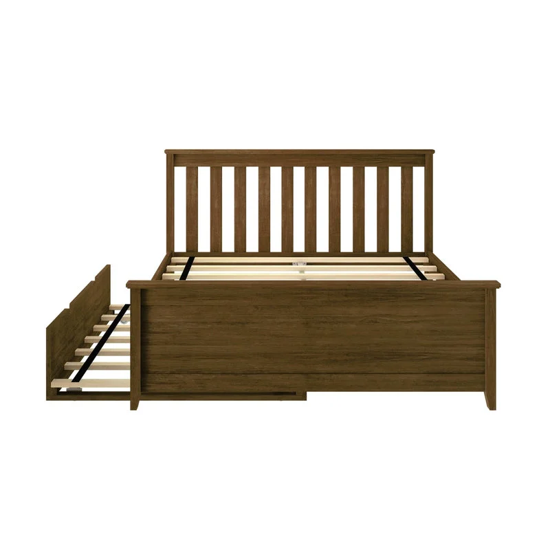 Max and Lily Full Platform Bed With Trundle in Walnut - front view of the bed frame showing the slatted headboard, wooden support slats and extended trundle