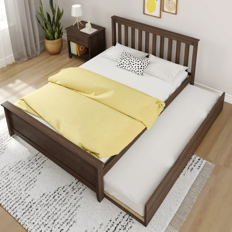 Max And Lily Full Platform Bed With Trundle Walnut Overhead Room Scene Max and Lily Full Platform Bed With Trundle in Walnut - overhead view of the bed with the trundle pulled out beside a nightstand in a styled bedroom