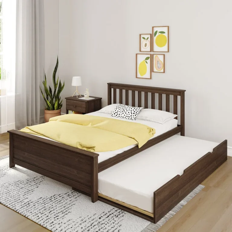 Max And Lily Full Platform Bed With Trundle Walnut Room Scene Max and Lily Full Platform Bed With Trundle in Walnut - platform bed with slatted headboard and trundle pulled out in a bright kids bedroom with yellow bedding