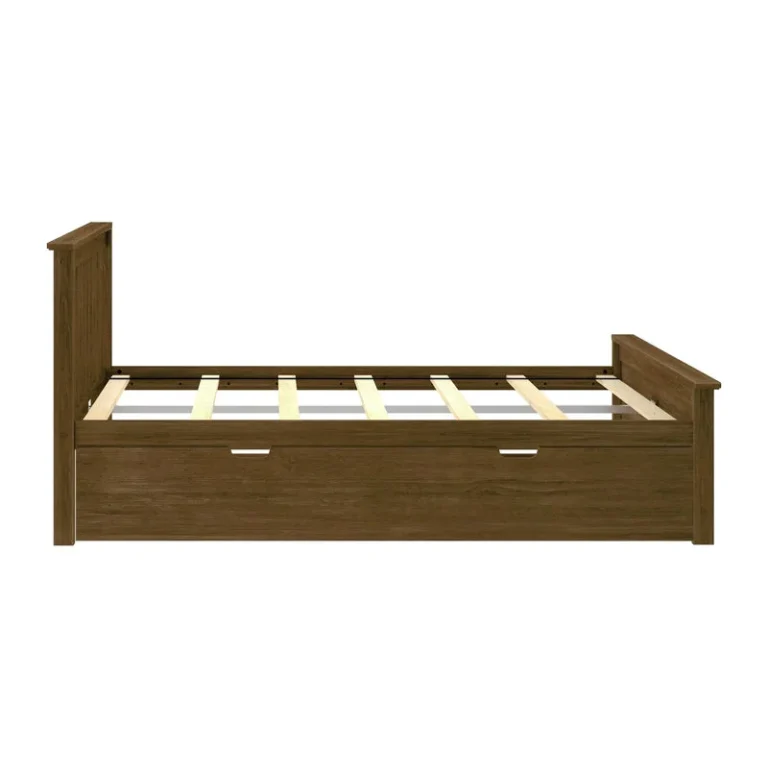 Max And Lily Full Platform Bed With Trundle Walnut Side View Max and Lily Full Platform Bed With Trundle in Walnut - side view of the bed frame showing the low profile, exposed wood slats and trundle drawer underneath