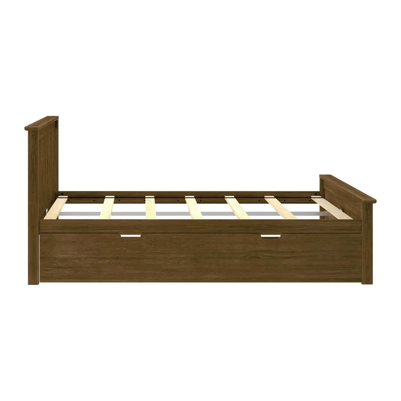 Max and Lily Full Platform Bed With Trundle in Walnut - side view of the bed frame showing the low profile, exposed wood slats and trundle drawer underneath