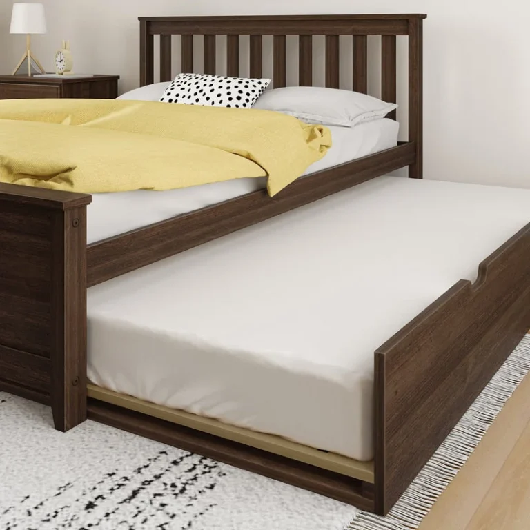 Max And Lily Full Platform Bed With Trundle Walnut Trundle Open Max and Lily Full Platform Bed With Trundle in walnut - close-up of the trundle rolled out from under the foot of the platform bed