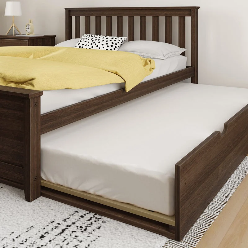 Max and Lily Full Platform Bed With Trundle in walnut - close-up of the trundle rolled out from under the foot of the platform bed