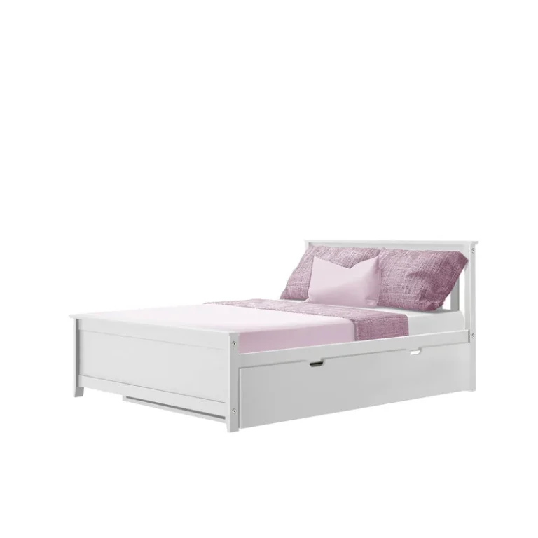 Max And Lily Full Platform Bed With Trundle White Angle View Max and Lily Full Platform Bed With Trundle in White - angled view with the trundle closed beneath the slatted headboard bed