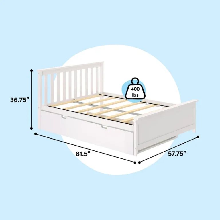 Max And Lily Full Platform Bed With Trundle White Dimensions Diagram Max and Lily Full Platform Bed With Trundle in White - dimensions diagram showing 81.5 inch length, 57.75 inch width, 36.75 inch height and 400 lb weight capacity