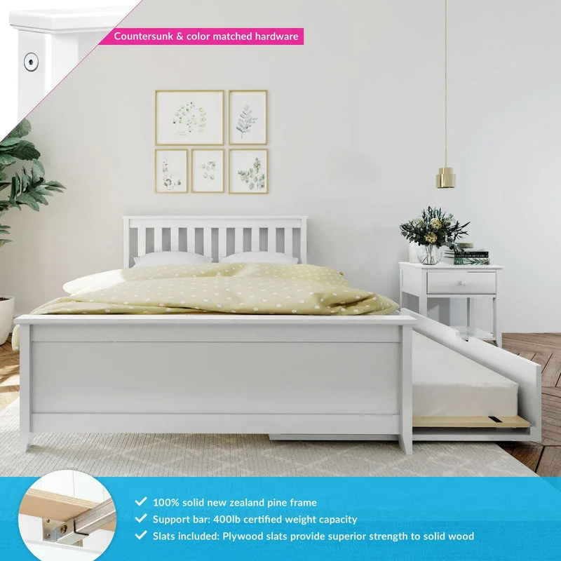 Max and Lily Full Platform Bed With Trundle in White - front view in a bedroom with callouts for the solid New Zealand pine frame, 400 lb support bar and included plywood slats