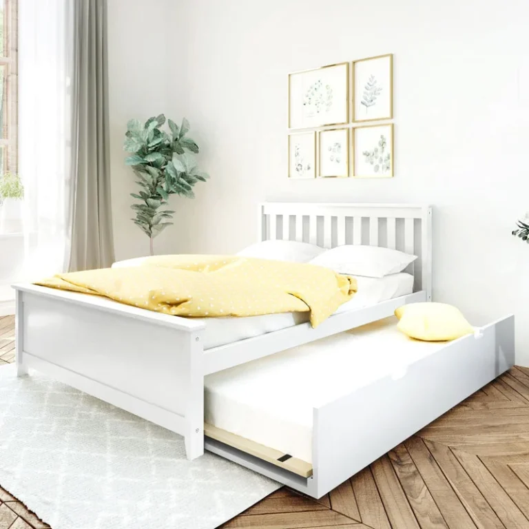 Max And Lily Full Platform Bed With Trundle White Room Scene Trundle Open Max and Lily Full Platform Bed With Trundle in White - bedroom scene with the trundle pulled out and both beds dressed in yellow polka-dot bedding