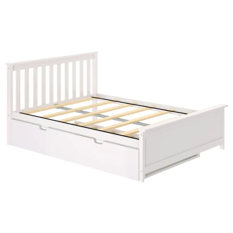 Max And Lily Full Platform Bed With Trundle White Slat Detail Max and Lily Full Platform Bed With Trundle in White - bare frame showing the wooden support slats and metal support bar above the closed trundle