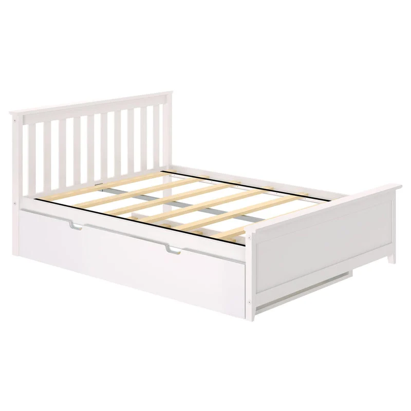Max and Lily Full Platform Bed With Trundle in White - bare frame showing the wooden support slats and metal support bar above the closed trundle