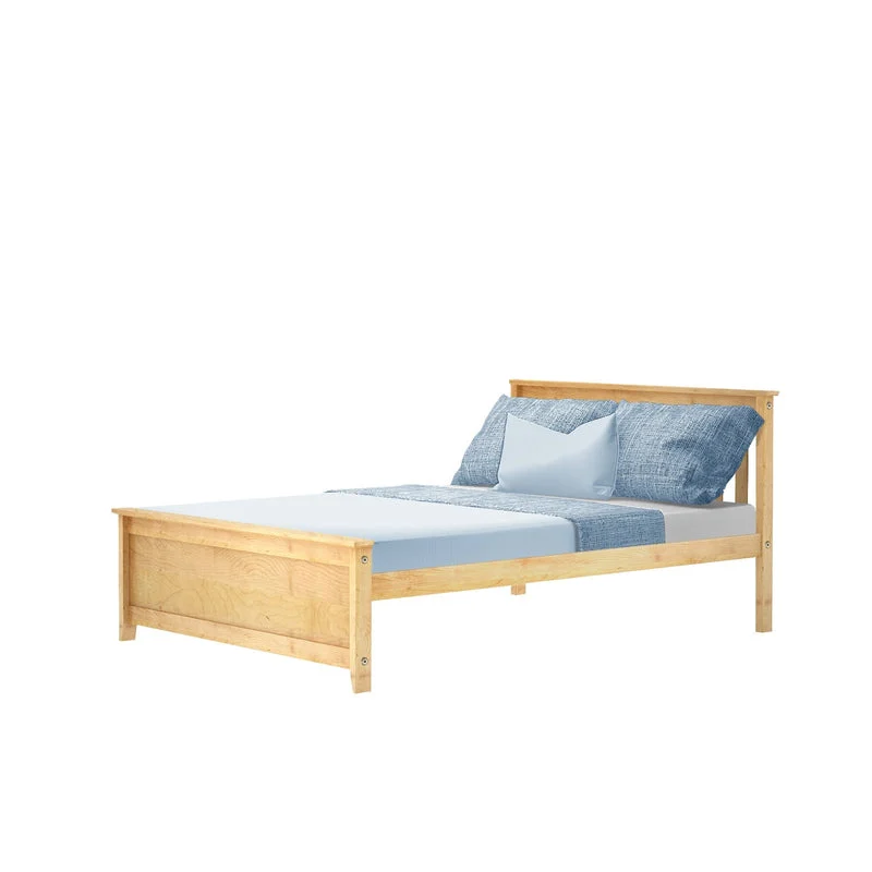 Max And Lily Full Size Platform Bed Natural Angle View Max and Lily Full Size Platform Bed in Natural - angle view of the made bed with slatted headboard and panel footboard on a white background