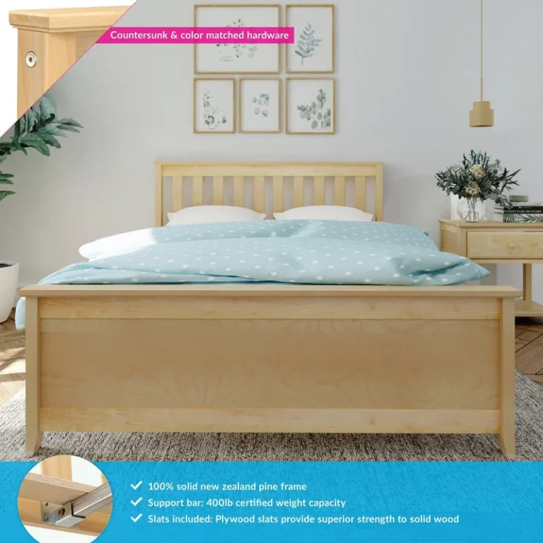 Max And Lily Full Size Platform Bed Natural Features Callout Max and Lily Full Size Platform Bed in natural - front view with feature callouts for countersunk colour-matched hardware, solid New Zealand pine frame, certified support bar and included plywood slats