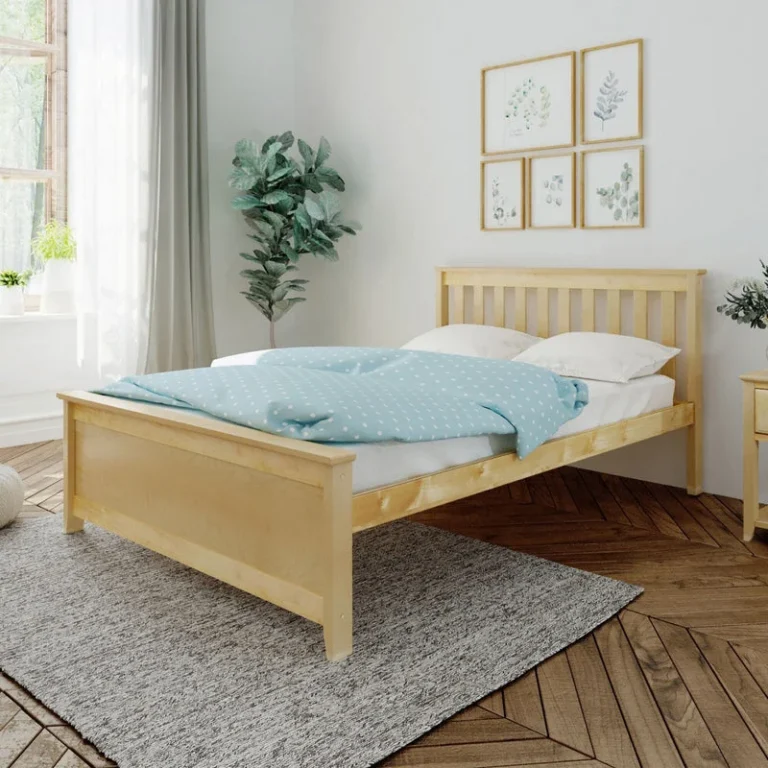 Max And Lily Full Size Platform Bed Natural Room Scene Max and Lily Full Size Platform Bed in Natural - angled view in a bright bedroom with a slatted headboard, blue polka dot duvet and a grey area rug