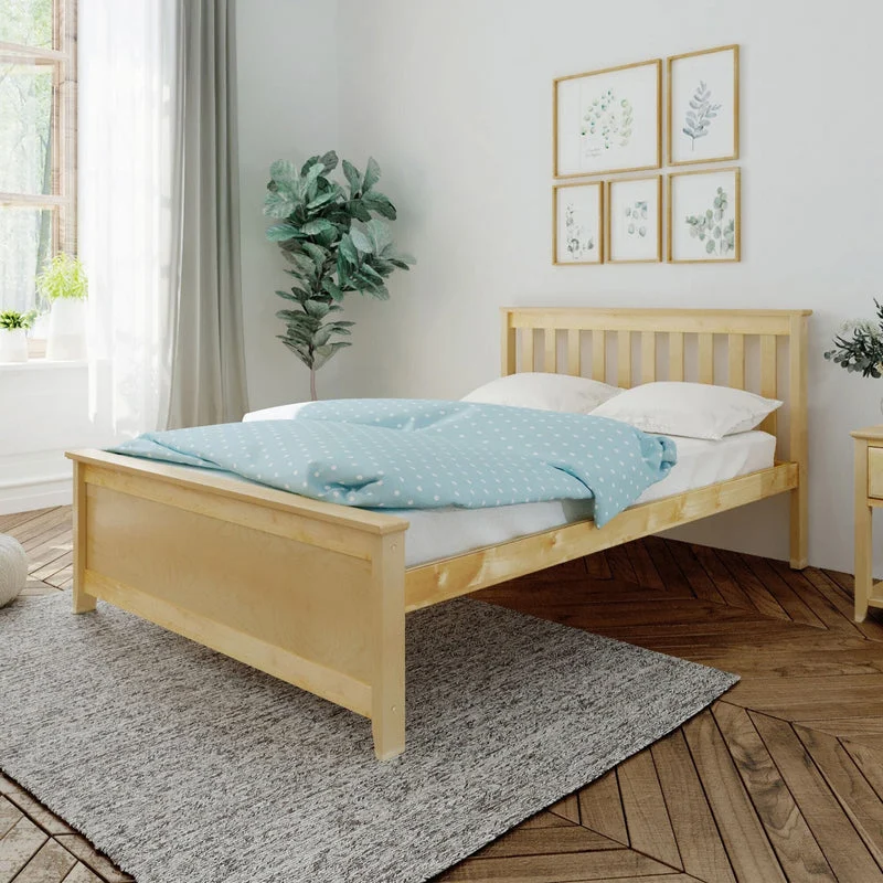 Max And Lily Full Size Platform Bed Natural Room Scene Max and Lily Full Size Platform Bed in Natural - angled view in a bright bedroom with a slatted headboard, blue polka dot duvet and a grey area rug