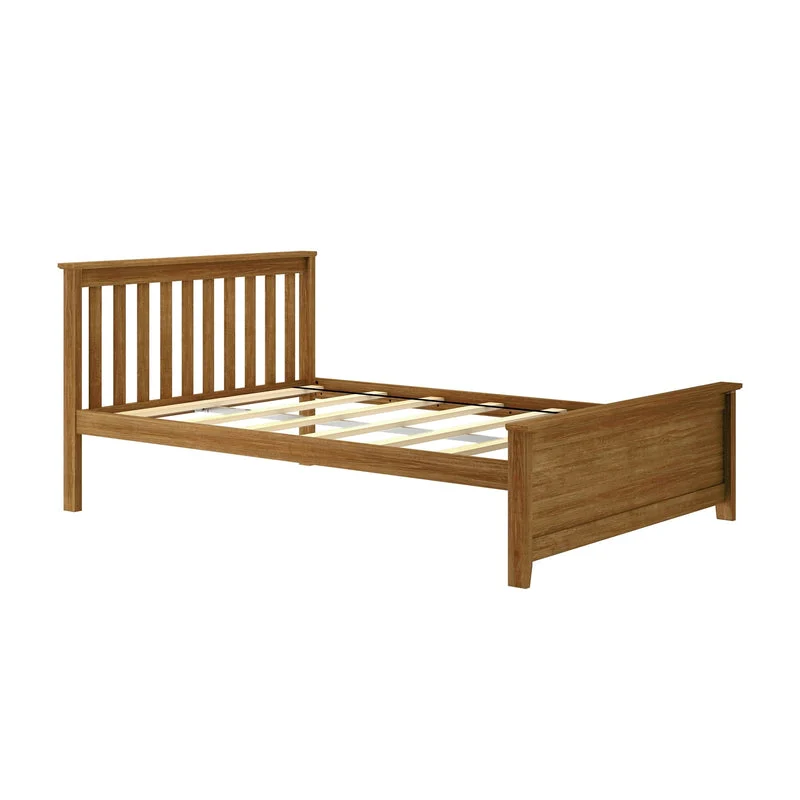 Max And Lily Full Size Platform Bed Pecan Angle View Max and Lily Full Size Platform Bed in Pecan - angled studio view of the bare frame showing the slat roll foundation, slatted headboard and panel footboard