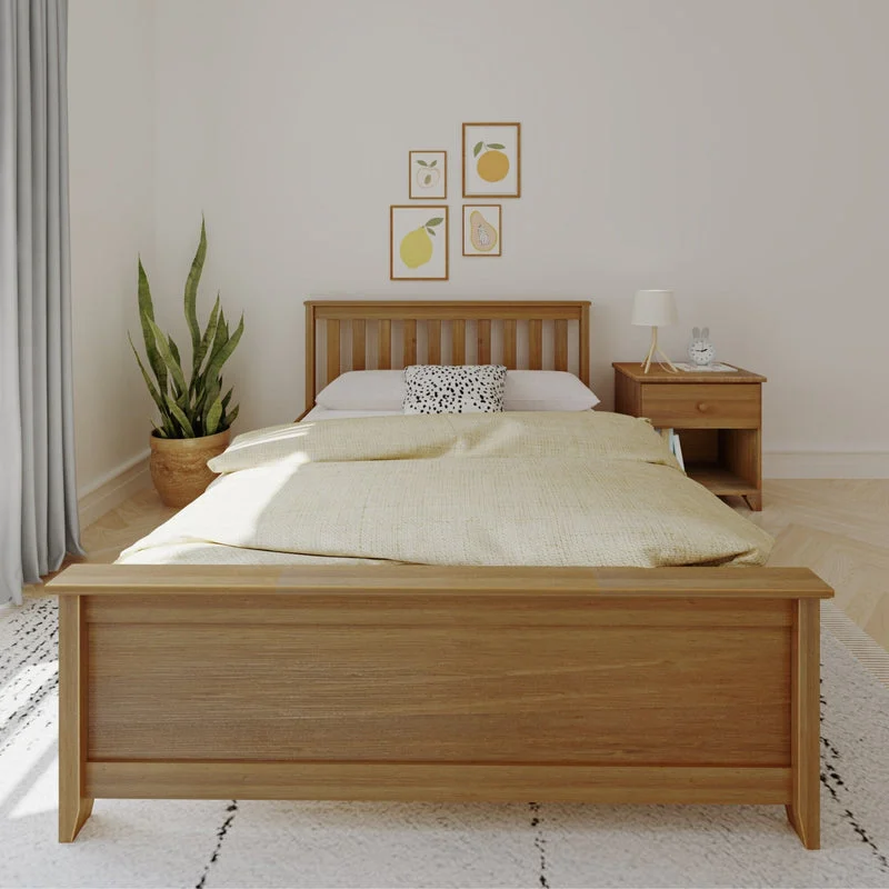 Max And Lily Full Size Platform Bed Pecan Front View Max and Lily Full Size Platform Bed in Pecan - front view showing the panel footboard and slatted headboard in a styled bedroom